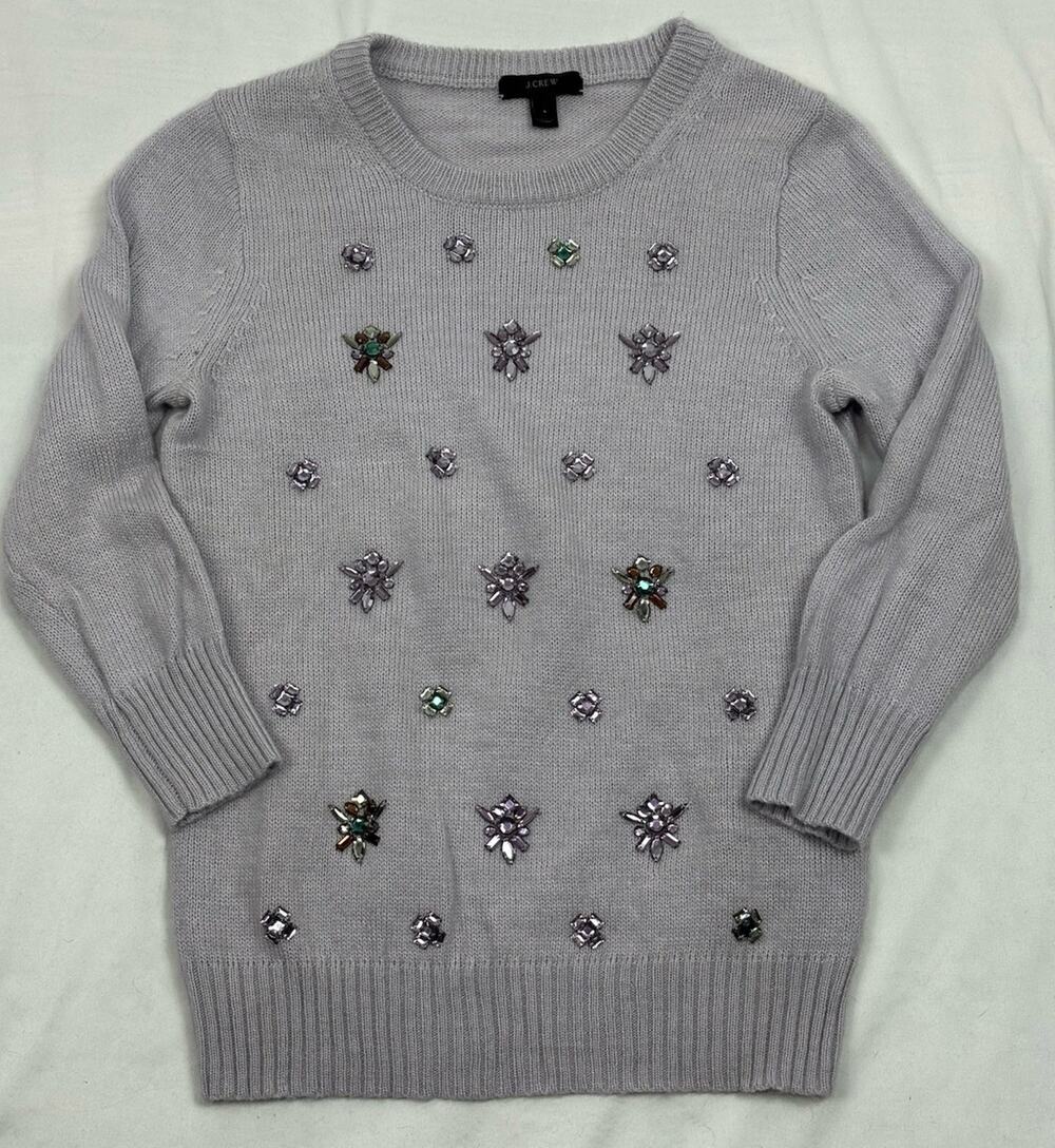 J Crew Women’s Small Sweater Wool Pullover Jeweled Rhinestone Lavender Purple